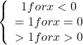 \left\{\begin{array} < 1 for x < 0 \\ =1 for x= 0 \\ >1 for x > 0 \end{array}\right.