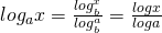 log_a x = \frac{log_b^x}{log_b^a}   = \frac{log_⁡x}{log_⁡a}