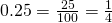 0.25 =\frac{25}{100} = \frac{1}{4}