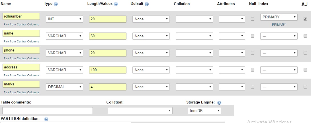 Creating table in PHPMyAdmin