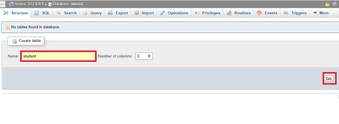 phpMyAdmin creating table