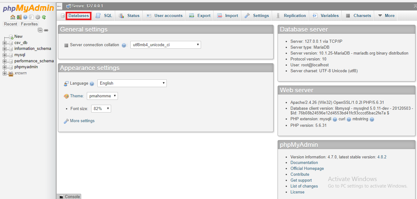 phpMyAdmin Home