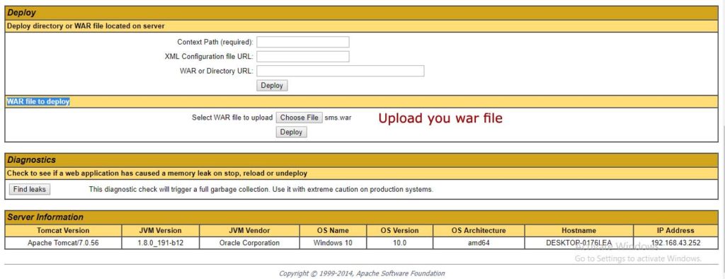 Upload war file in Tomcat