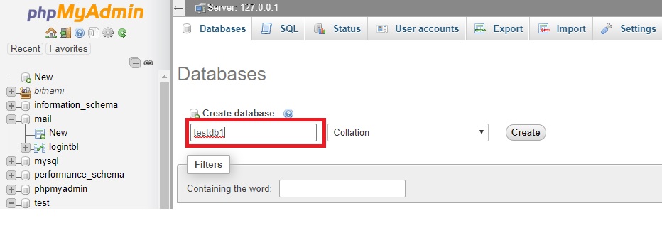 phpMyAdmin creating database