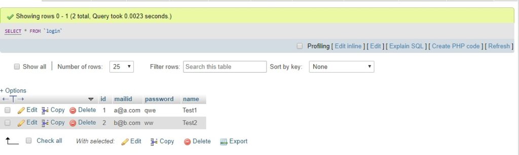phpMyAdmin database content