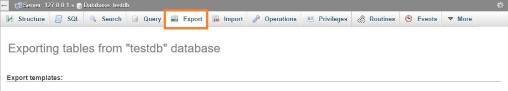 phpMyAdmin Selecting Export tab