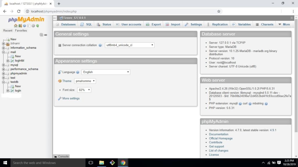 phpMyAdmin Home page
