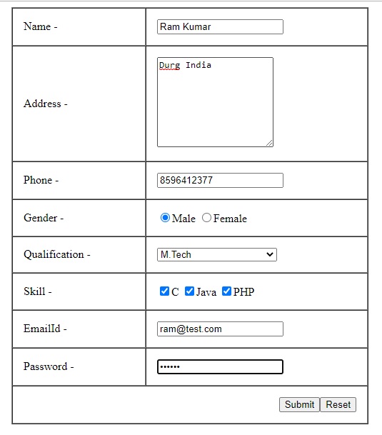 User Form in php