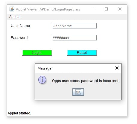 Login page in awt applet