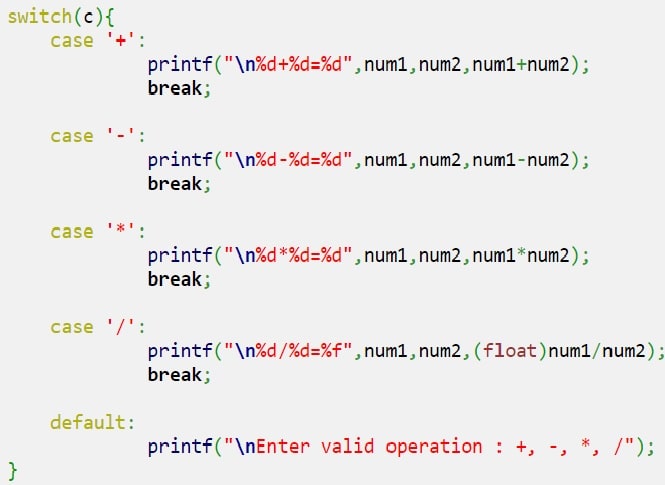 Arithmetic Operations Using Switch Case in C Programming