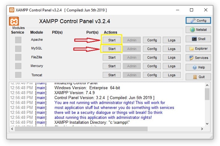 How to start Apache and MySQL module in XAMPP