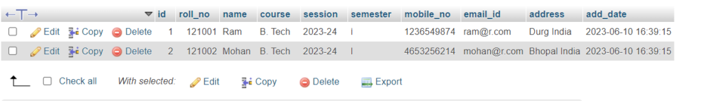 Php MyAdmin Student Table data
