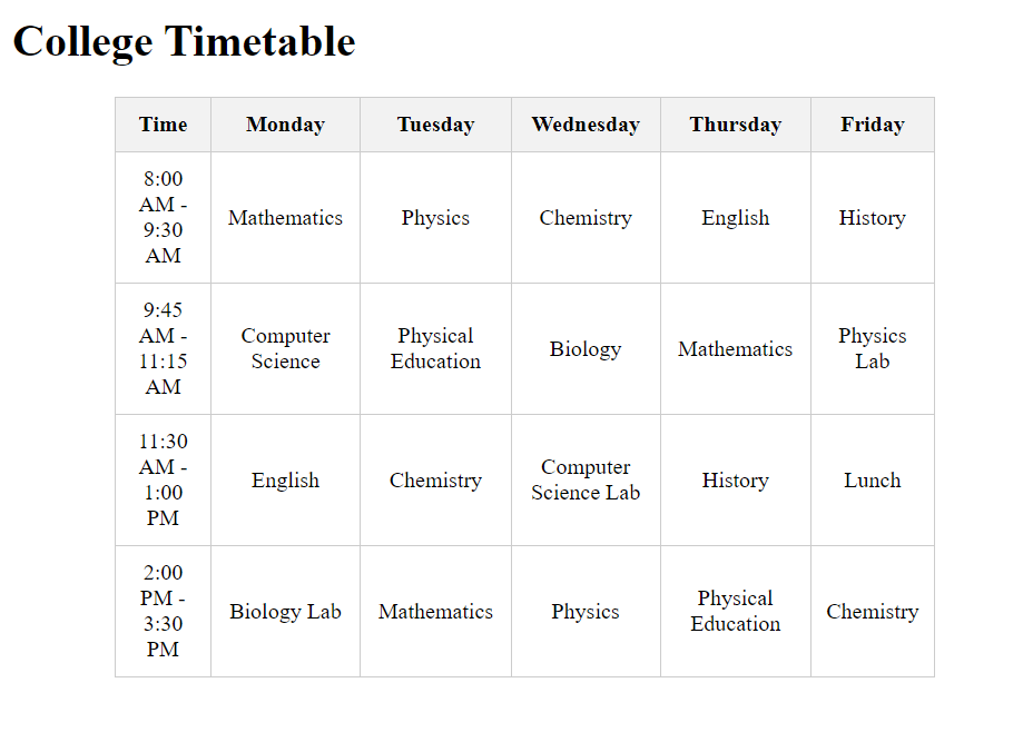 College Time table HTML Table