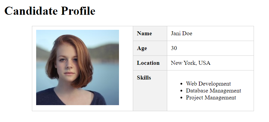 Candidate Profile Using HTML Table rowspan and colspan